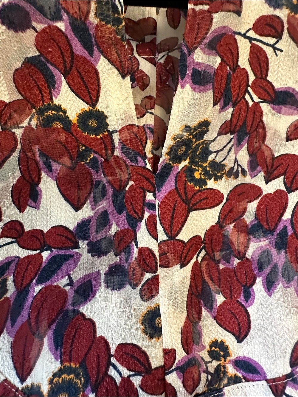 Ann Taylor Cream Blouse with Maroon and Purple Leaf Print and Neck Tie - Picture 11 of 13